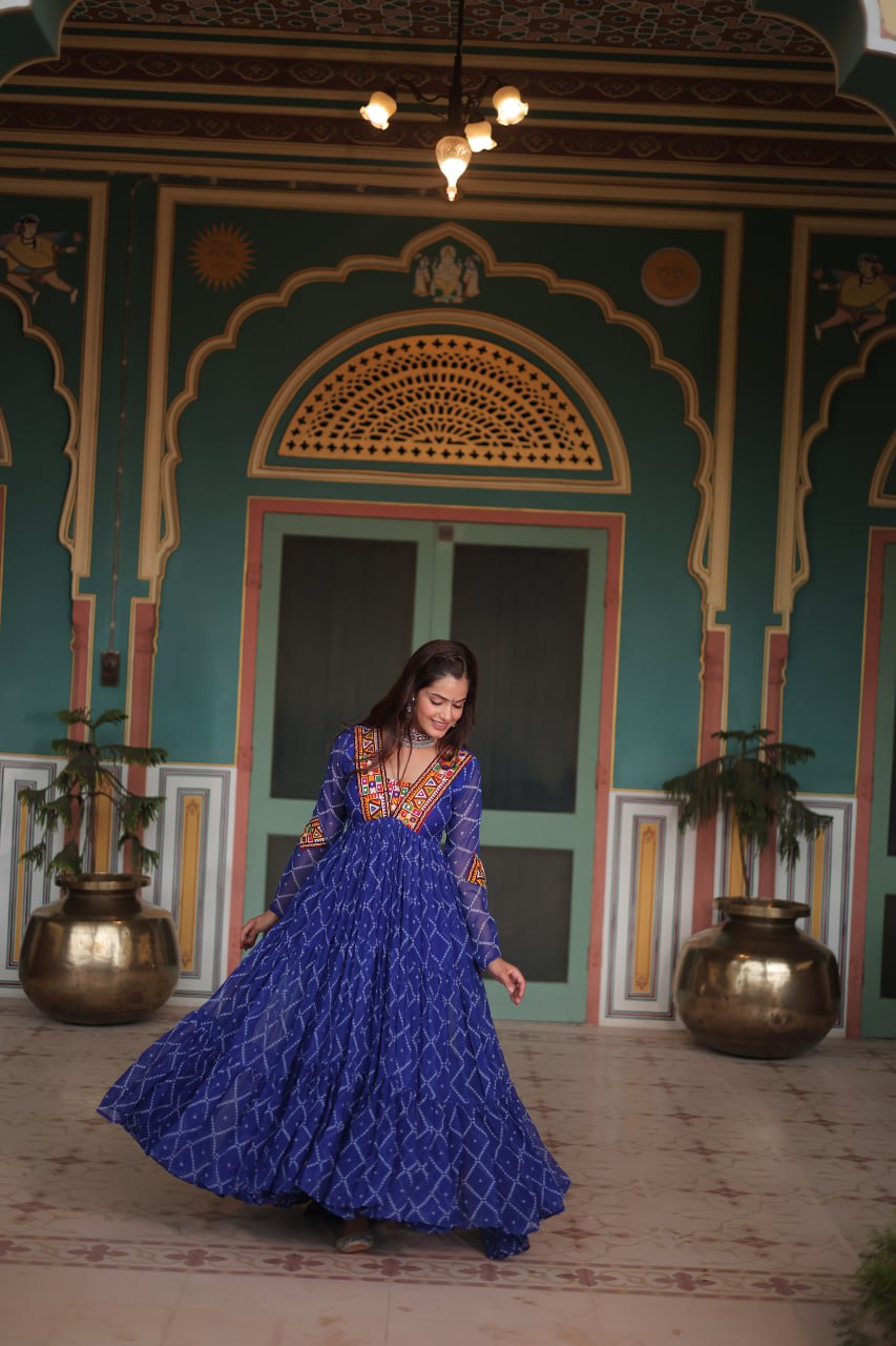 Blue Bandhani Print Faux Georgette Gown with Kutchi Patchwork ClothsVilla