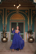 Load image into Gallery viewer, Blue Bandhani Print Faux Georgette Gown with Kutchi Patchwork ClothsVilla