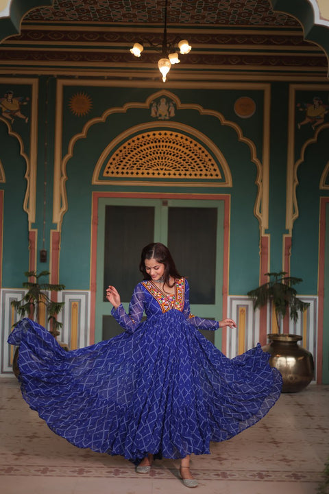 Blue Bandhani Print Faux Georgette Gown with Kutchi Patchwork ClothsVilla Main image