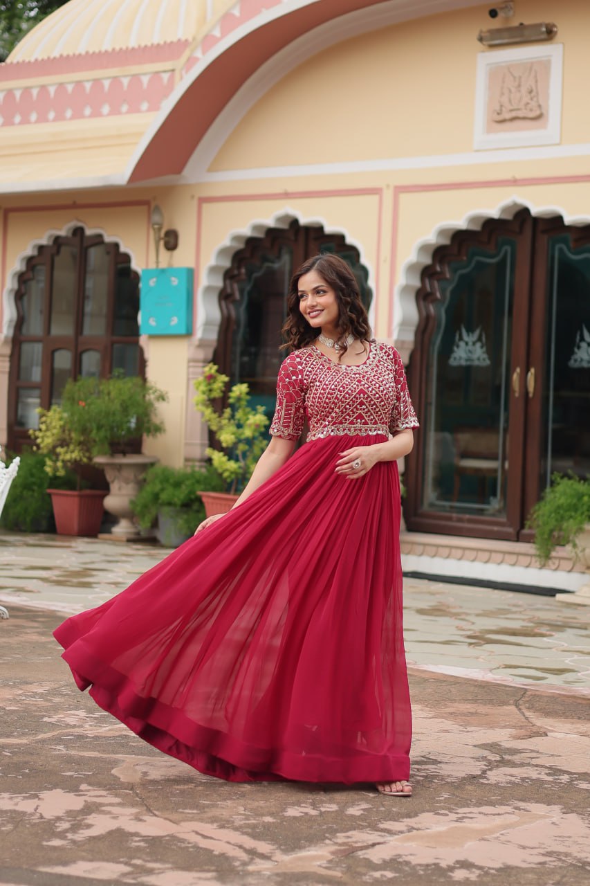 Red Luxury Faux Blooming Designer Gown with Zari & Sequins Embroidery ClothsVilla Main image