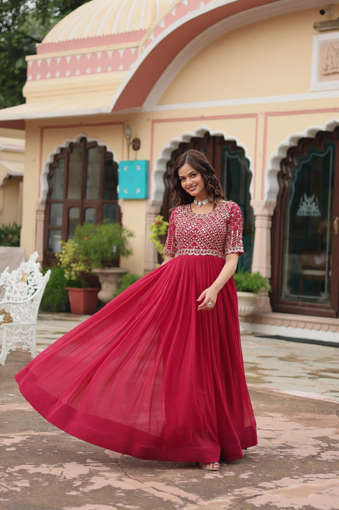 Red Luxury Faux Blooming Designer Gown with Zari & Sequins Embroidery ClothsVilla