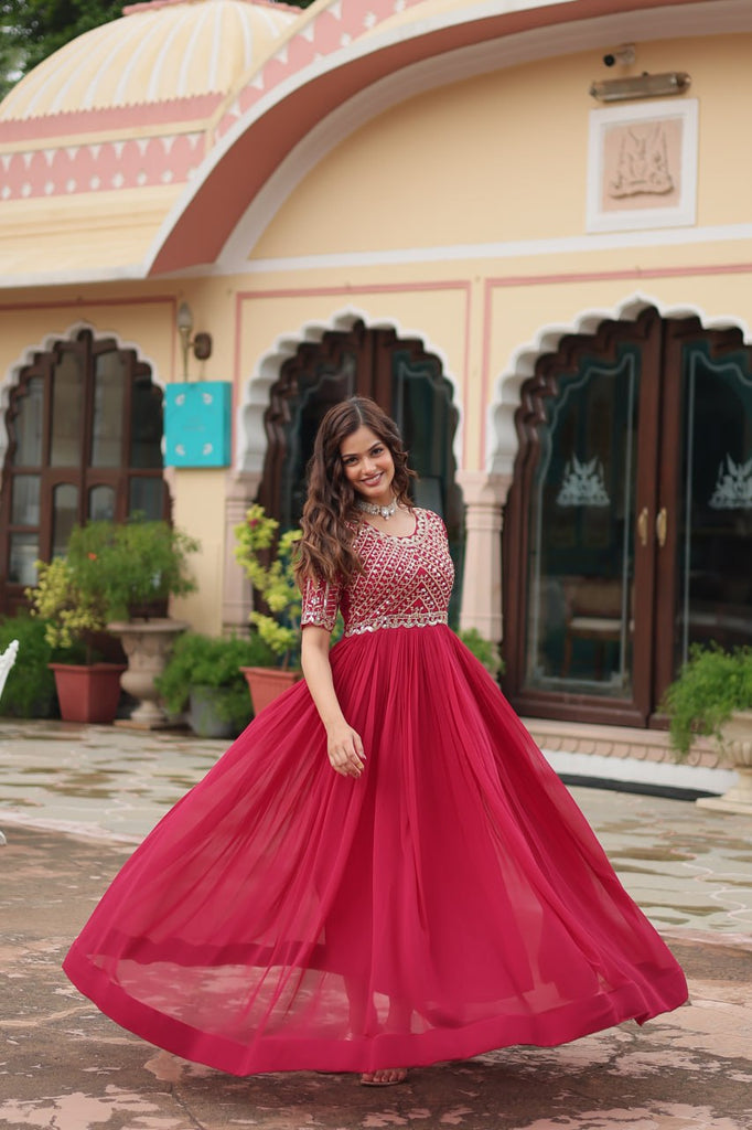 Red Luxury Faux Blooming Designer Gown with Zari & Sequins Embroidery ClothsVilla