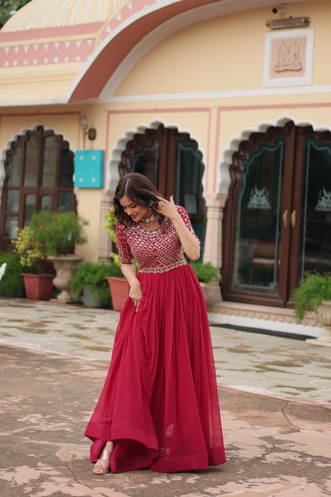 Red Luxury Faux Blooming Designer Gown with Zari & Sequins Embroidery ClothsVilla