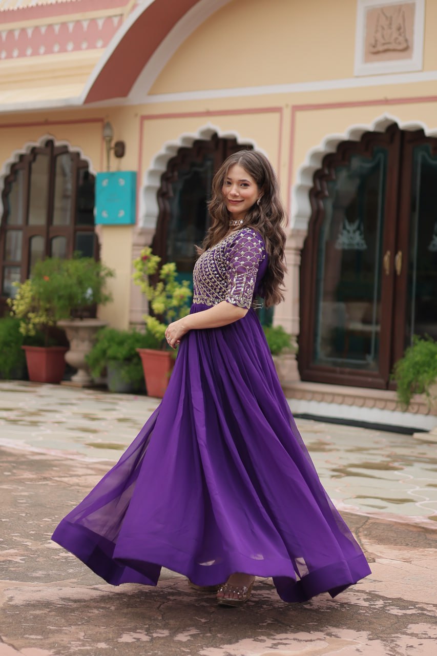 Blue Luxury Faux Blooming Designer Gown with Zari & Sequins Embroidery ClothsVilla Main image