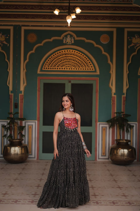 Black Bandhani Print Sleeveless Gown with Kutchi Patchwork ClothsVilla Main image