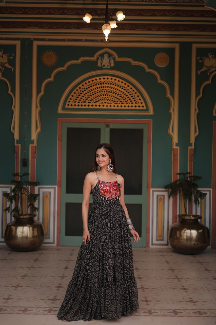 Black Bandhani Print Sleeveless Gown with Kutchi Patchwork ClothsVilla Main image