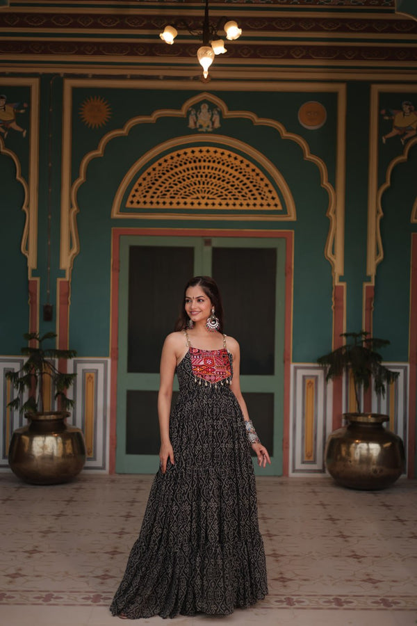 Black Bandhani Print Sleeveless Gown with Kutchi Patchwork ClothsVilla