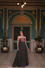 Load image into Gallery viewer, Black Bandhani Print Sleeveless Gown with Kutchi Patchwork ClothsVilla