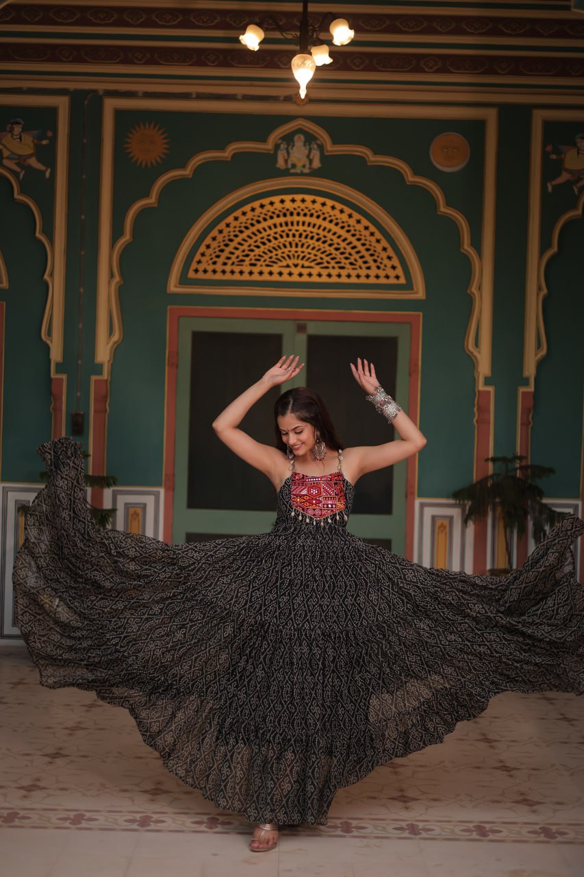 Black Bandhani Print Sleeveless Gown with Kutchi Patchwork Secondary image