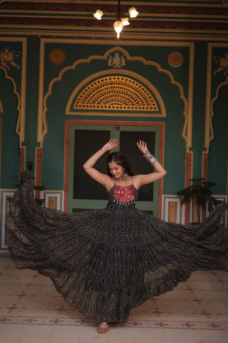 Black Bandhani Print Sleeveless Gown with Kutchi Patchwork ClothsVilla