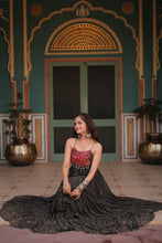 Load image into Gallery viewer, Black Bandhani Print Sleeveless Gown with Kutchi Patchwork ClothsVilla