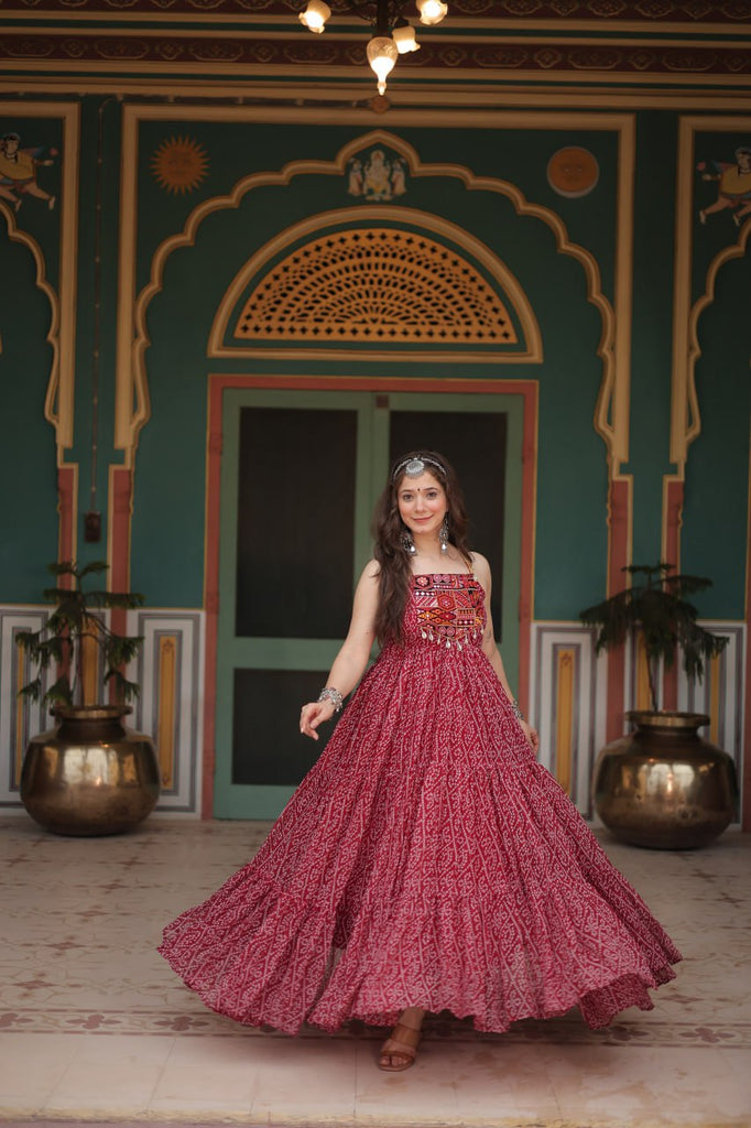 Maroon Bandhani Print Sleeveless Gown with Kutchi Patchwork ClothsVilla