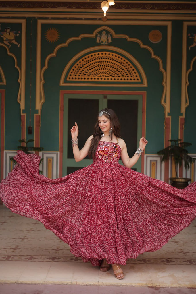 Maroon Bandhani Print Sleeveless Gown with Kutchi Patchwork ClothsVilla