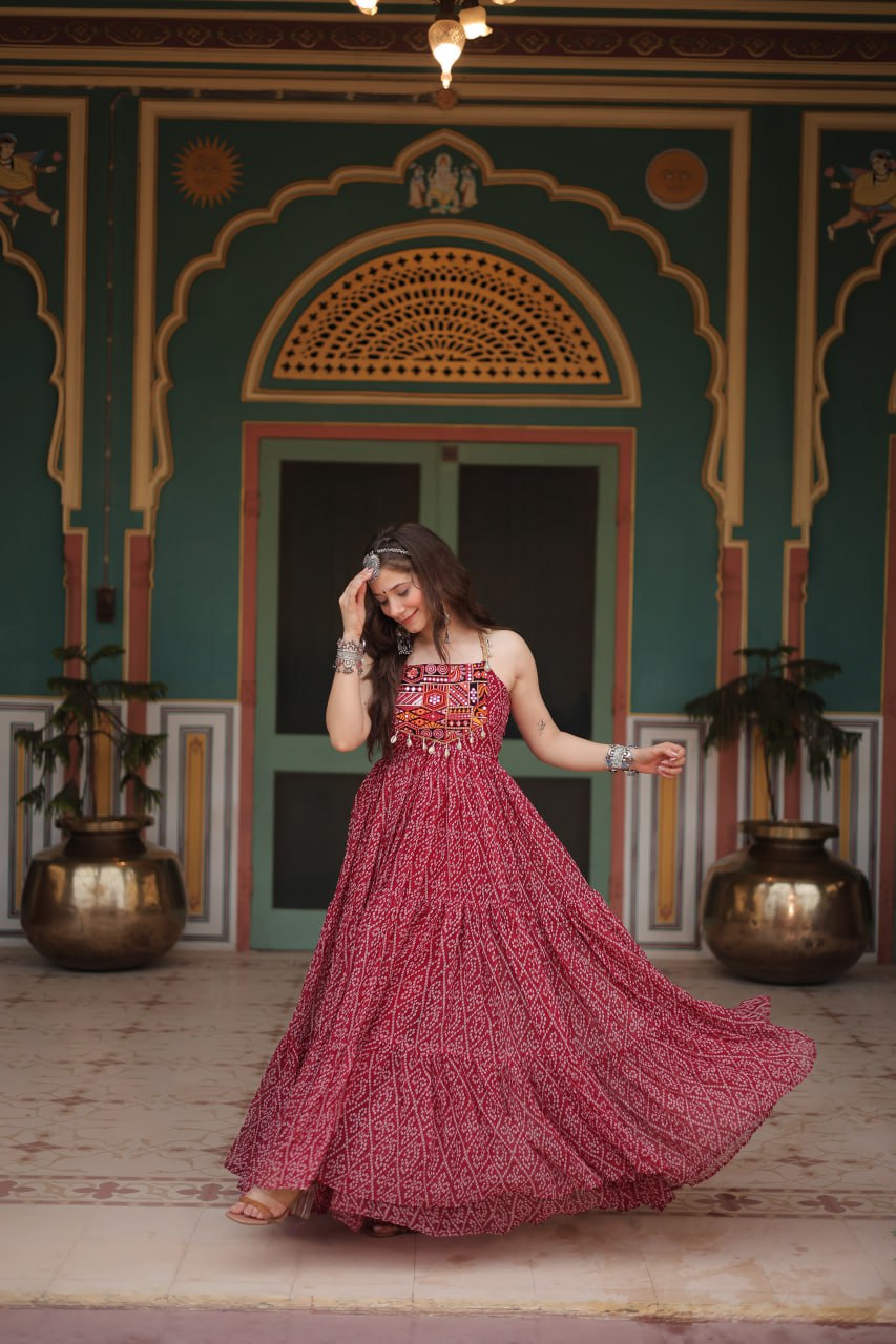 Maroon Bandhani Print Sleeveless Gown with Kutchi Patchwork ClothsVilla