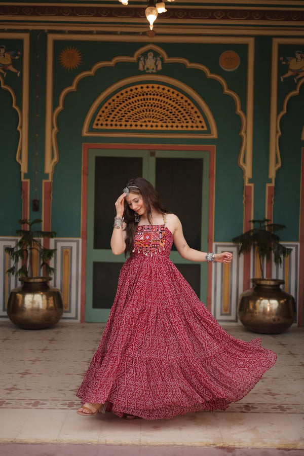 Maroon Bandhani Print Sleeveless Gown with Kutchi Patchwork ClothsVilla