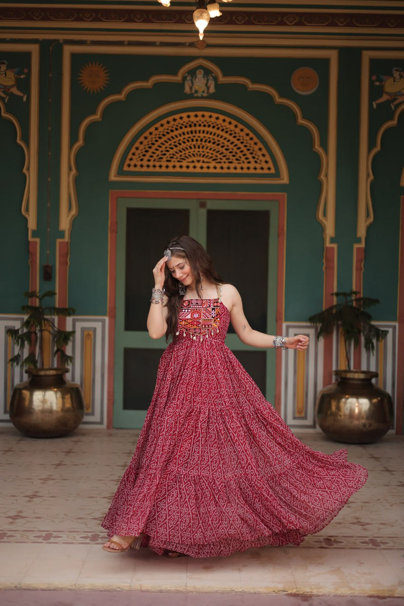 Yellow Faux Georgette Bandhani Print Kutchi Patch Mirror Work Gown