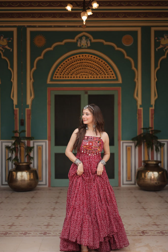 Maroon Bandhani Print Sleeveless Gown with Kutchi Patchwork ClothsVilla