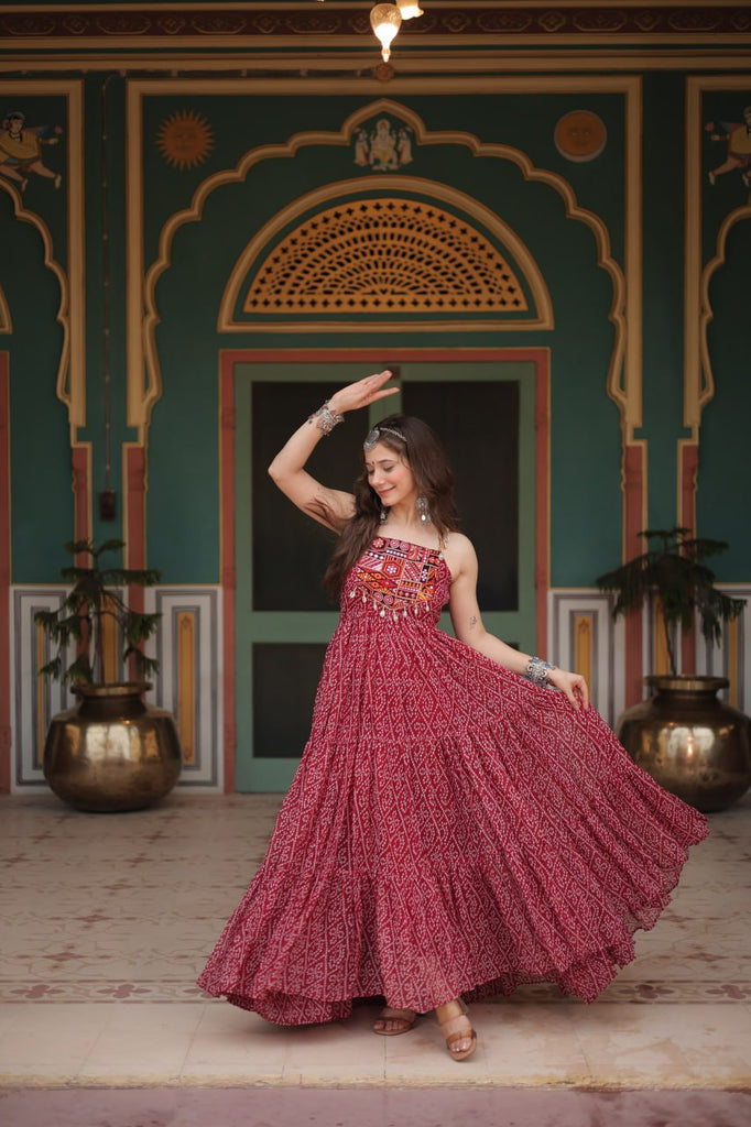 Maroon Bandhani Print Sleeveless Gown with Kutchi Patchwork ClothsVilla