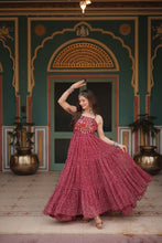 Load image into Gallery viewer, Maroon Bandhani Print Sleeveless Gown with Kutchi Patchwork ClothsVilla