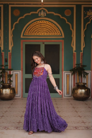 Purple Bandhani Print Sleeveless Gown with Kutchi Patchwork ClothsVilla