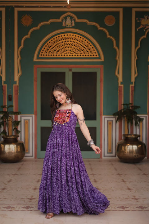 Purple Bandhani Print Sleeveless Gown with Kutchi Patchwork ClothsVilla Main image