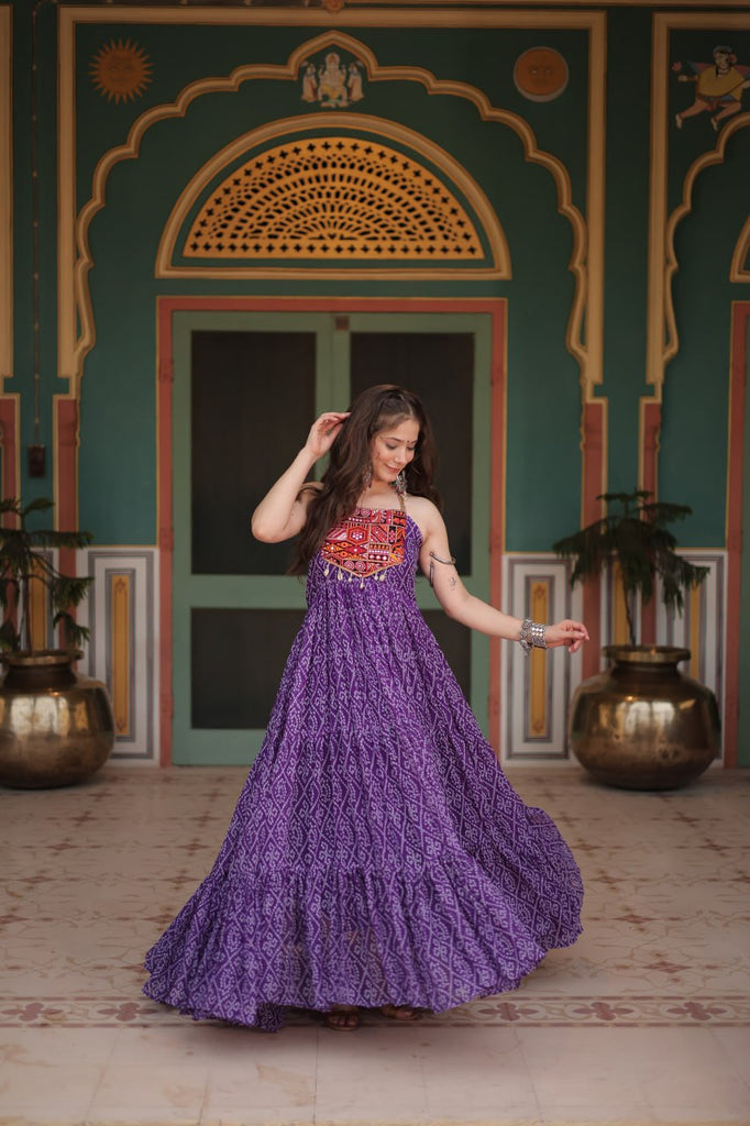 Purple Bandhani Print Sleeveless Gown with Kutchi Patchwork ClothsVilla