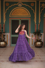 Load image into Gallery viewer, Purple Bandhani Print Sleeveless Gown with Kutchi Patchwork ClothsVilla