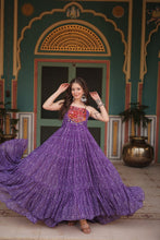 Load image into Gallery viewer, Purple Bandhani Print Sleeveless Gown with Kutchi Patchwork ClothsVilla