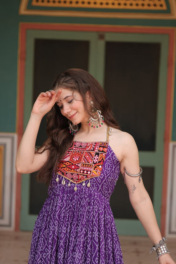 Purple Bandhani Print Sleeveless Gown with Kutchi Patchwork ClothsVilla