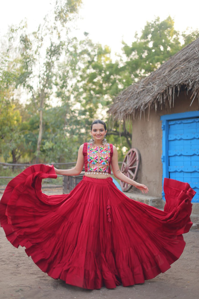 Maroon Rayon Lehenga Set with Embroidered Gamthi Work ClothsVilla