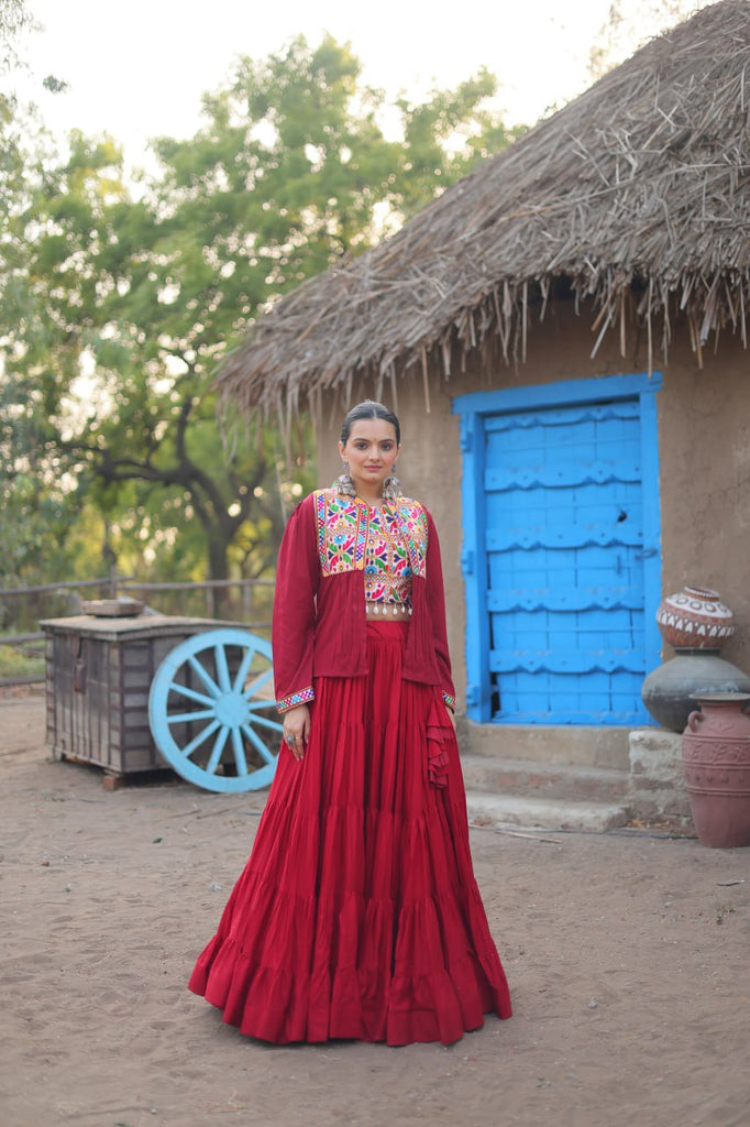 Maroon Rayon Lehenga Set with Embroidered Gamthi Work ClothsVilla