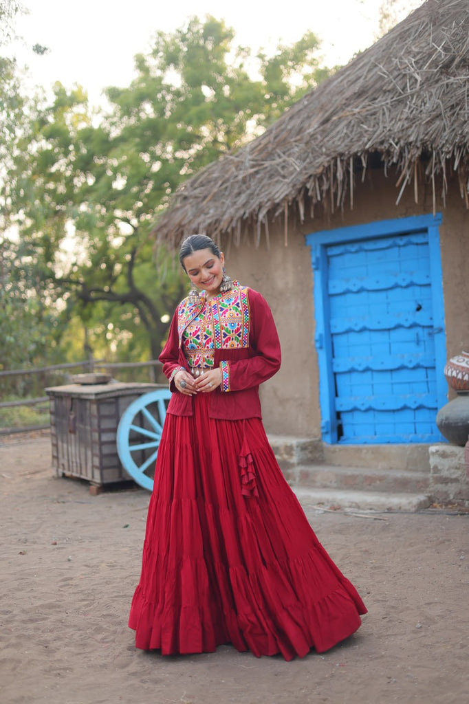 Maroon Rayon Lehenga Set with Embroidered Gamthi Work ClothsVilla