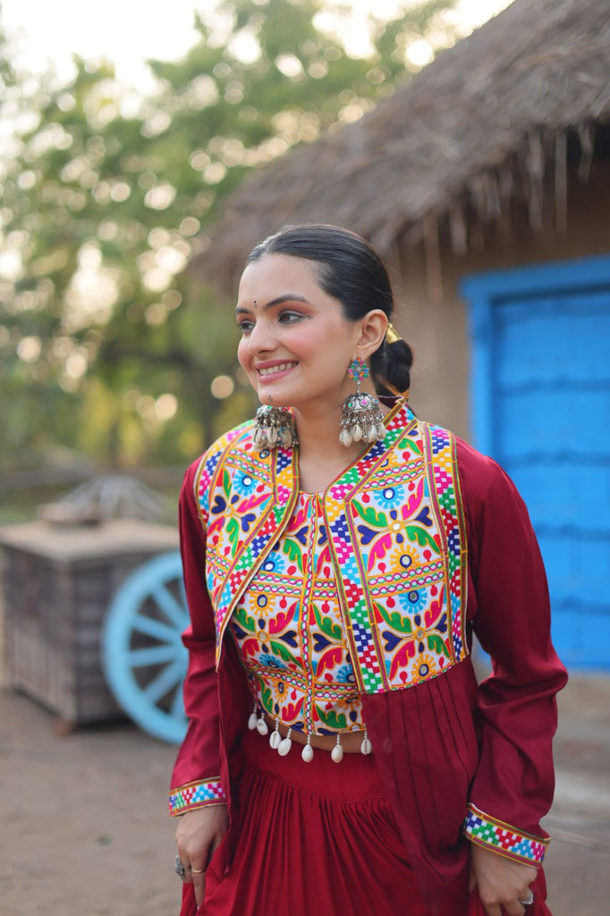 Maroon Rayon Lehenga Set with Embroidered Gamthi Work ClothsVilla