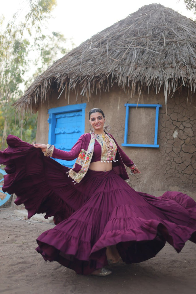 Purple Rayon Lehenga Set with Embroidered Gamthi Work ClothsVilla