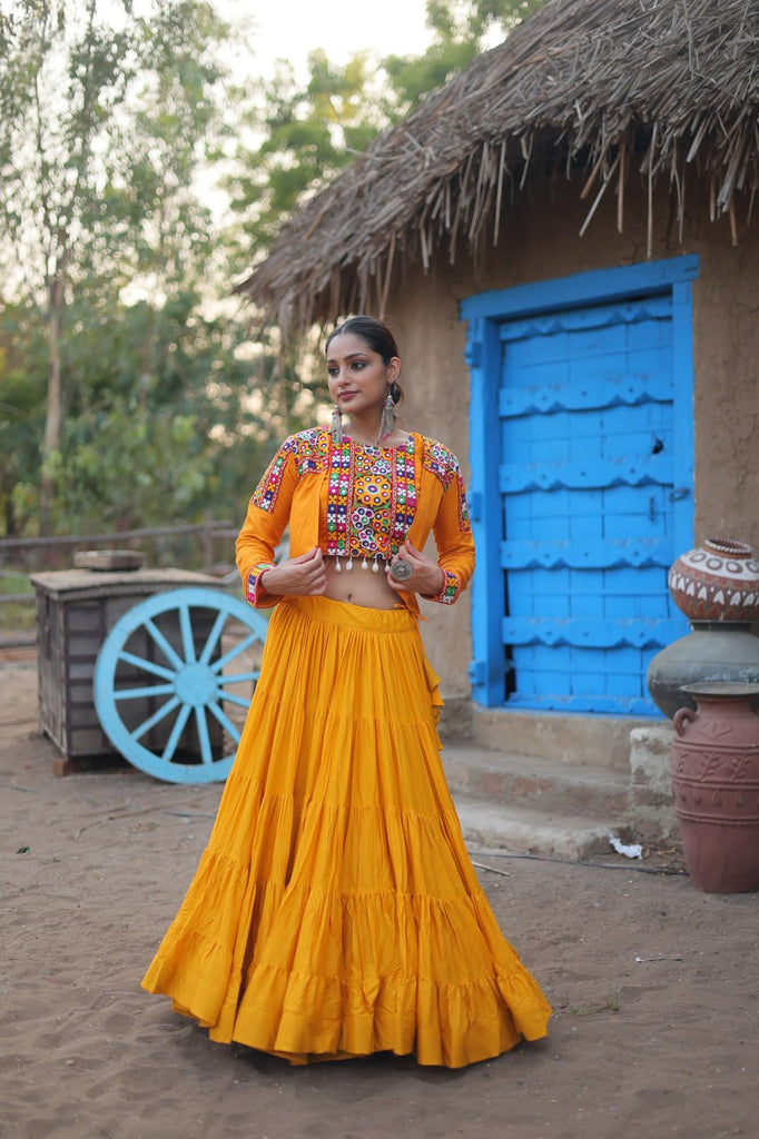 Yellow Rayon Lehenga Set with Embroidered Gamthi Work ClothsVilla