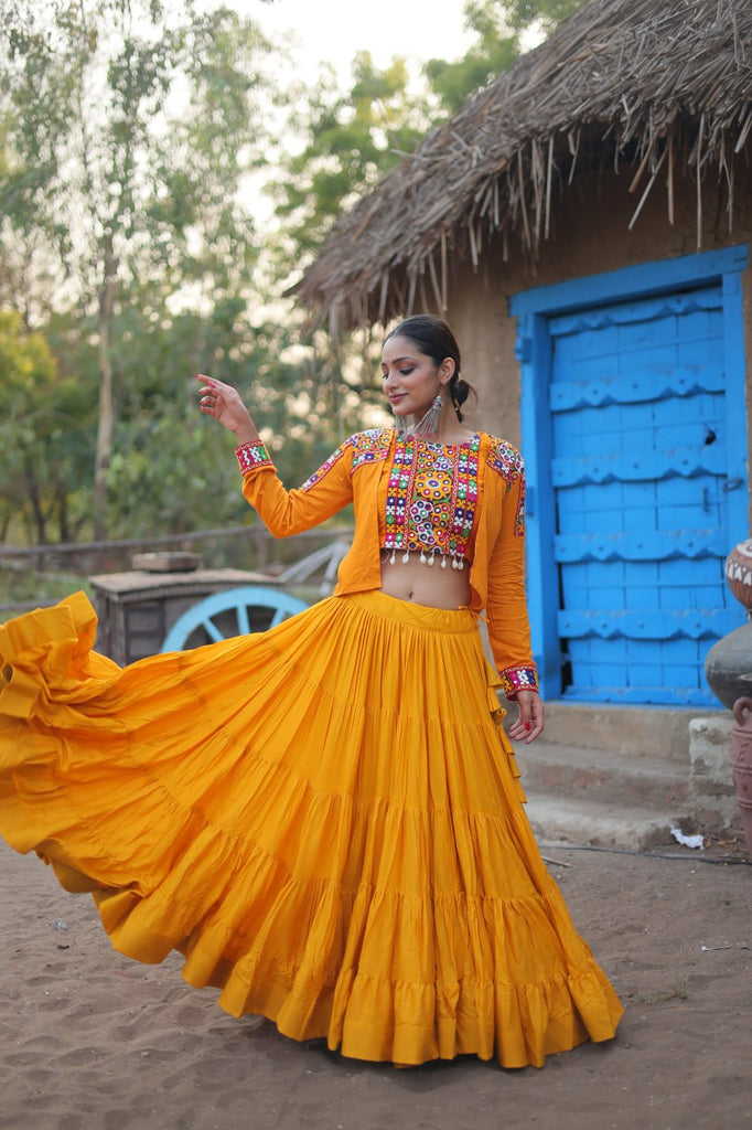 Yellow Rayon Lehenga Set with Embroidered Gamthi Work ClothsVilla