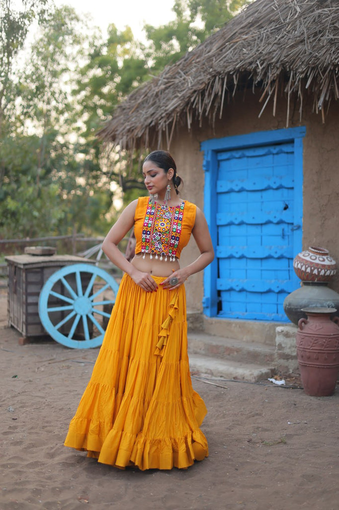 Yellow Rayon Lehenga Set with Embroidered Gamthi Work ClothsVilla