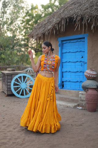 Yellow Rayon Lehenga Set with Embroidered Gamthi Work ClothsVilla