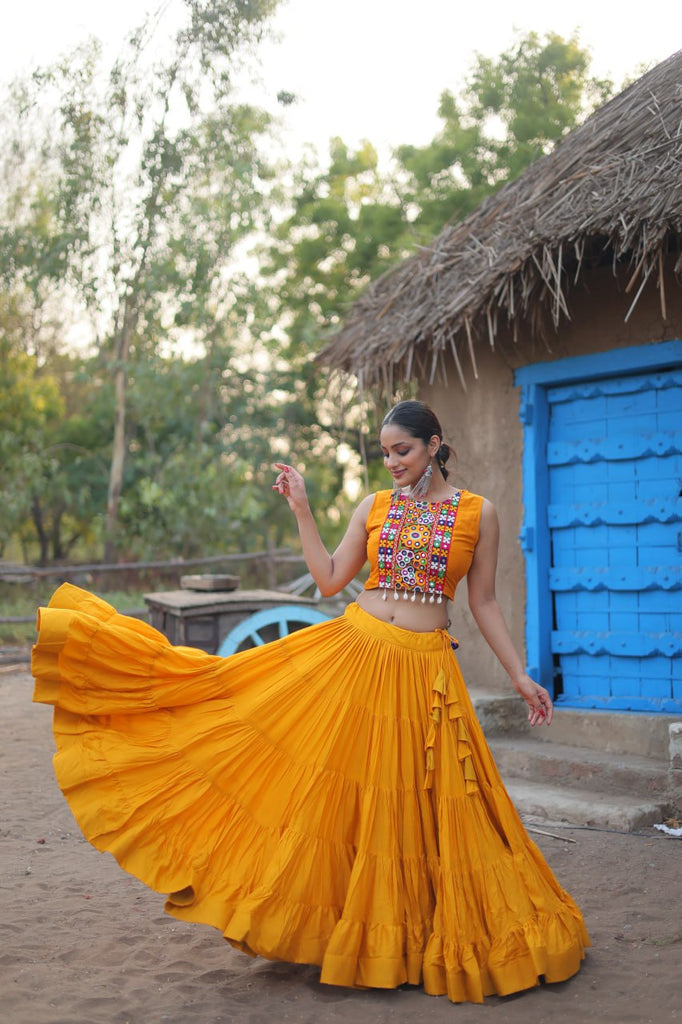 Yellow Rayon Lehenga Set with Embroidered Gamthi Work ClothsVilla