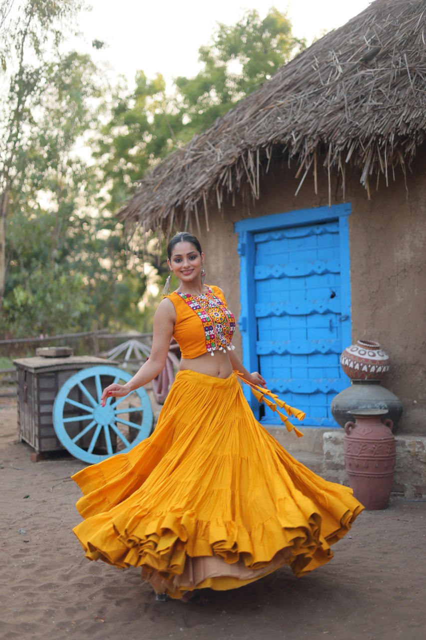 Yellow Rayon Lehenga Set with Embroidered Gamthi Work ClothsVilla Main image