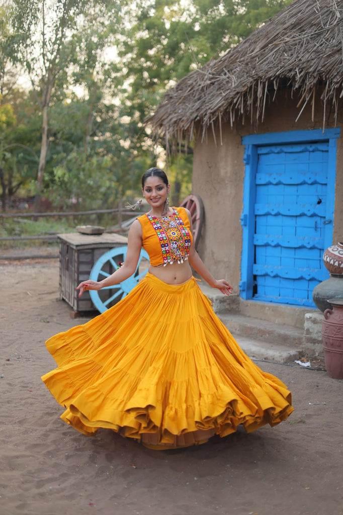 Yellow Rayon Lehenga Set with Embroidered Gamthi Work ClothsVilla