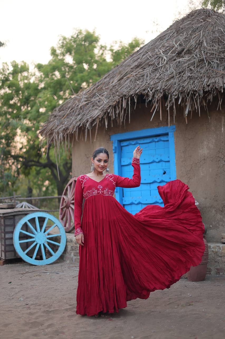 Maroon Rayon Gown with Real Mirror Work and 5-Layer Gathering Stitch ClothsVilla Main image