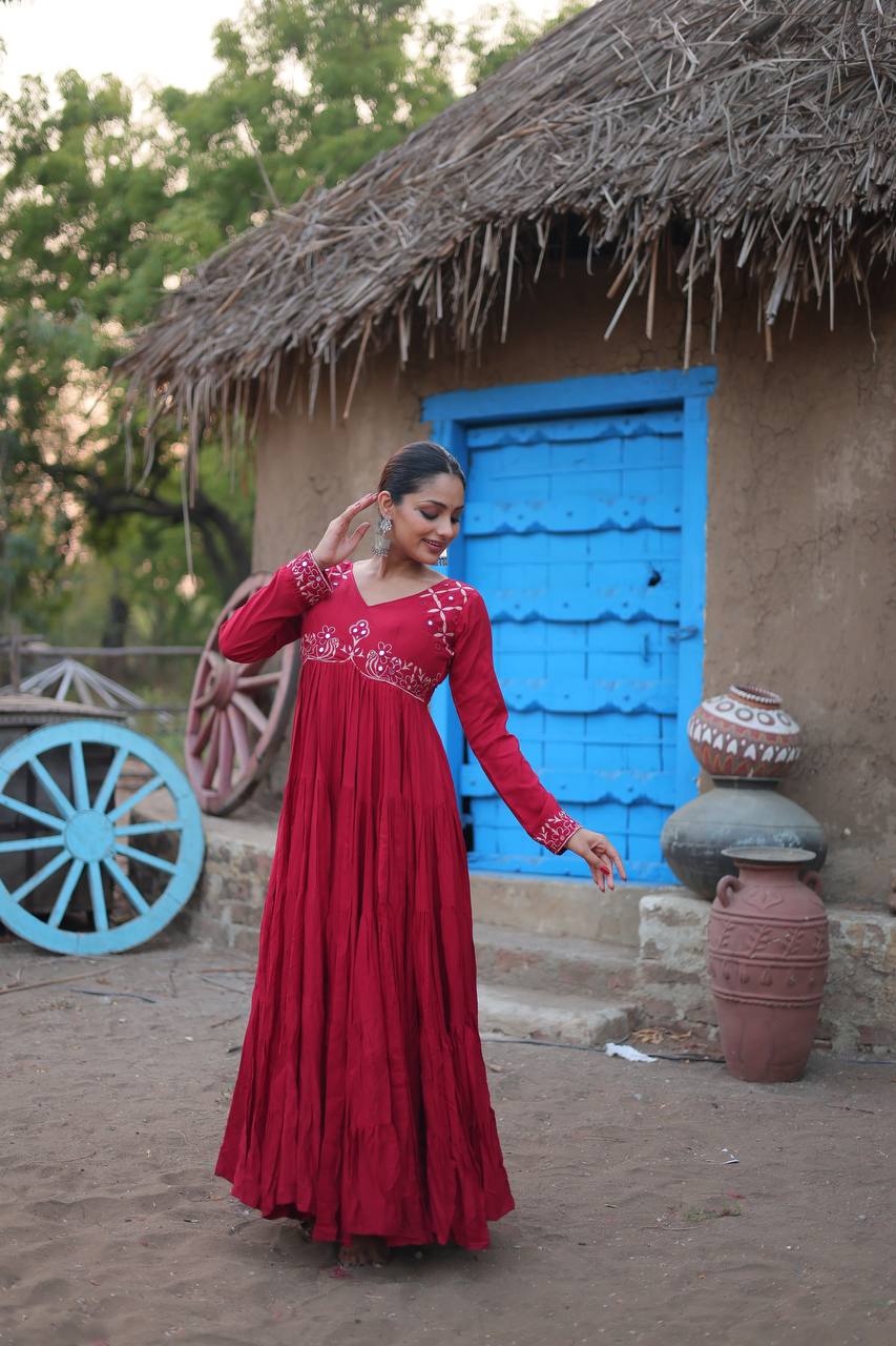 Maroon Rayon Gown with Real Mirror Work and 5-Layer Gathering Stitch Secondary image
