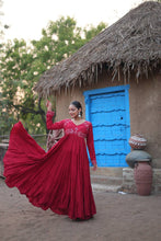 Load image into Gallery viewer, Maroon Rayon Gown with Real Mirror Work and 5-Layer Gathering Stitch ClothsVilla