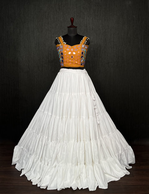 White Lehenga & Yellow Choli Set Designer Rayon  with Real Mirror & Kodi Work (Copy) ClothsVilla Main image