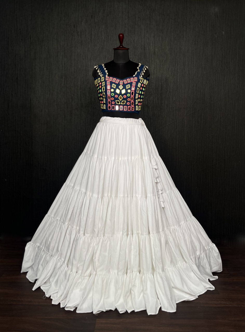 White Lehenga & Navy Blue Choli Set Designer Rayon  with Real Mirror & Kodi Work ClothsVilla Main image