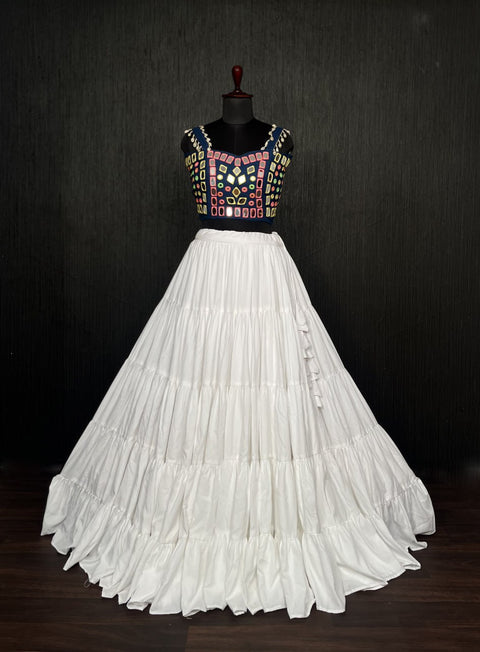 White Lehenga & Navy Blue Choli Set Designer Rayon  with Real Mirror & Kodi Work ClothsVilla Main image