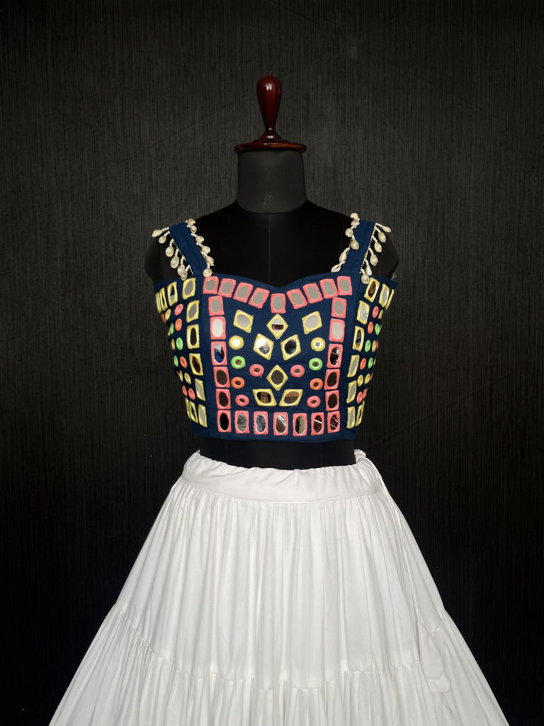 White Lehenga & Navy Blue Choli Set Designer Rayon  with Real Mirror & Kodi Work ClothsVilla