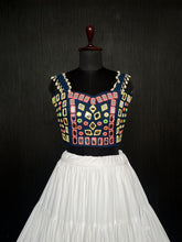 Load image into Gallery viewer, White Lehenga &amp; Navy Blue Choli Set Designer Rayon  with Real Mirror &amp; Kodi Work ClothsVilla