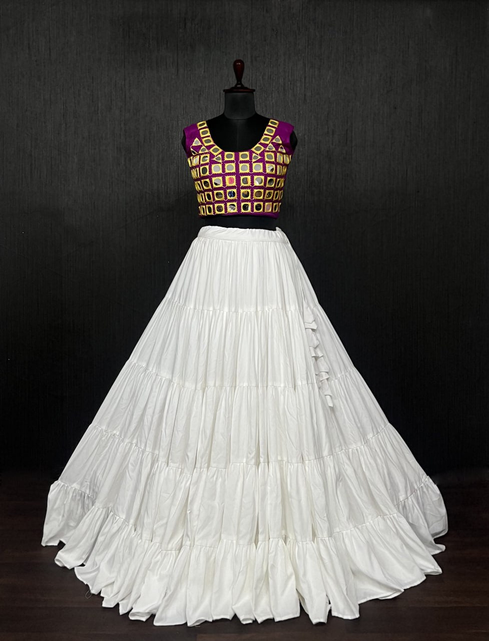 White Lehenga & Purple Choli Set Designer Rayon  with Real Mirror & Kodi Work ClothsVilla Main image